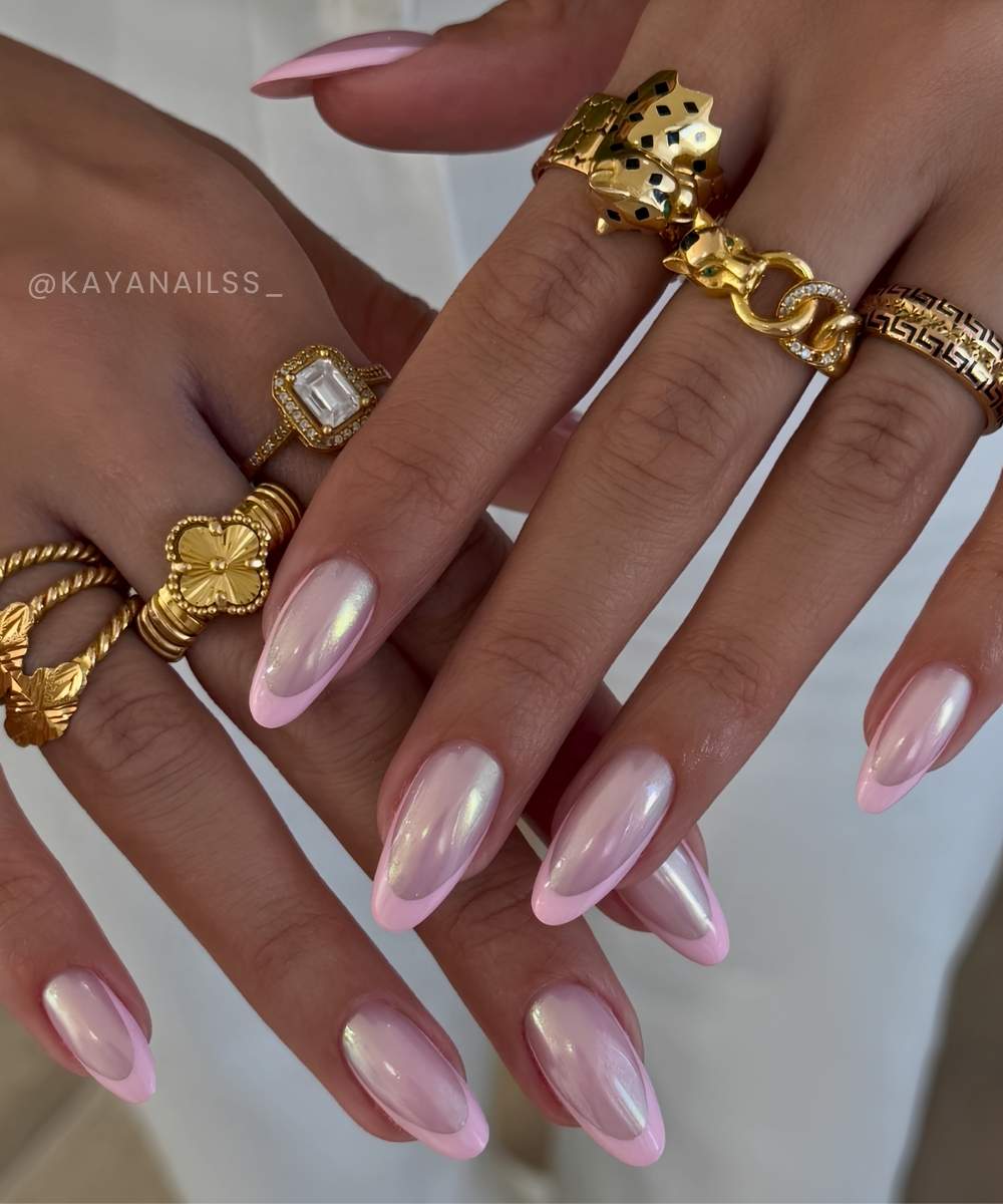 Chromed pink almond French nails