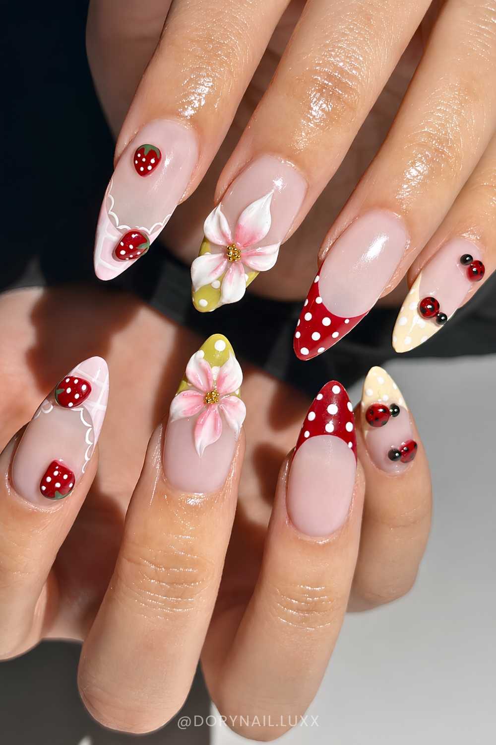 Colorful French mani with strawberries and ladybugs