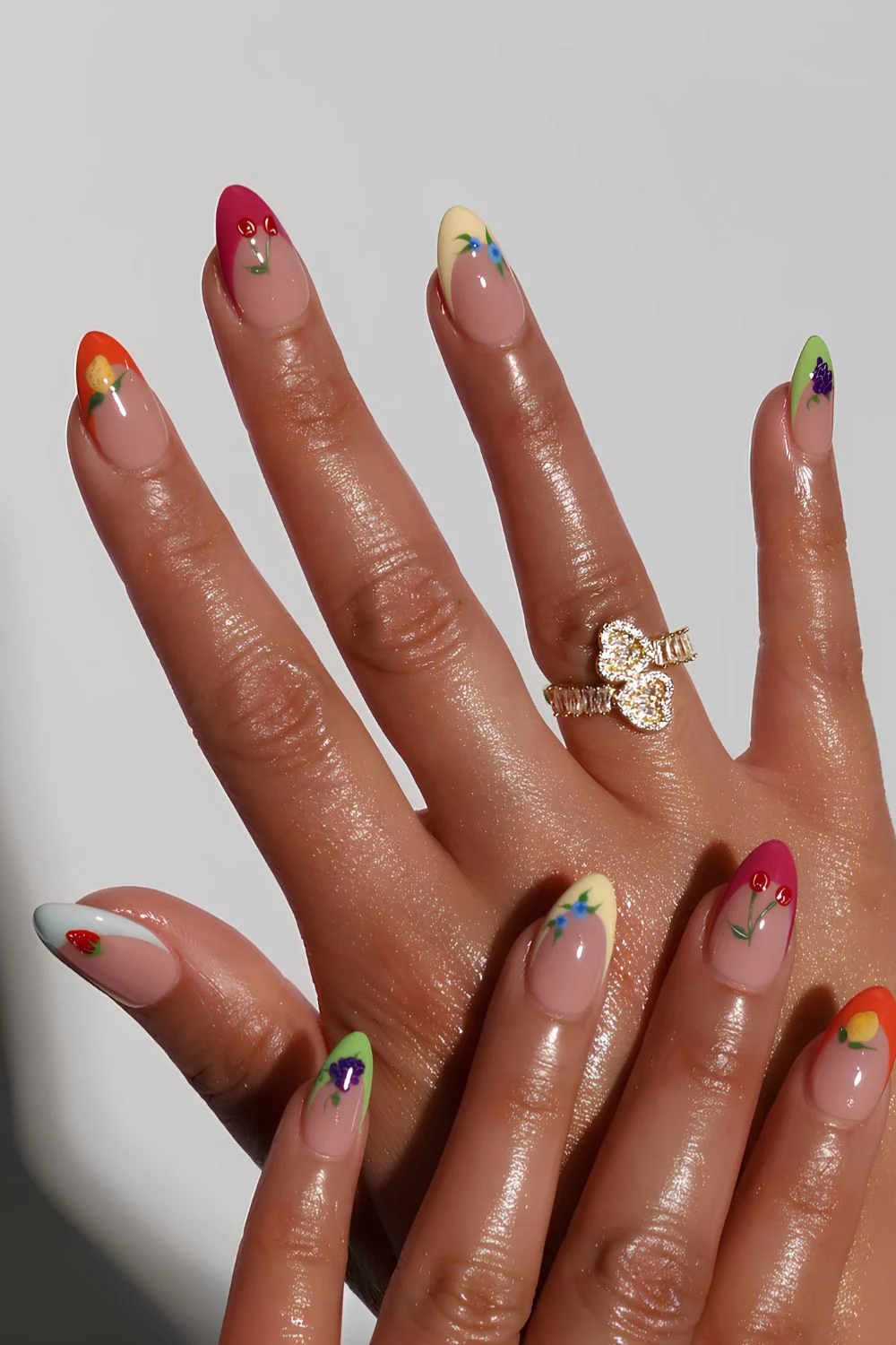 Colorful French nails with fruit art