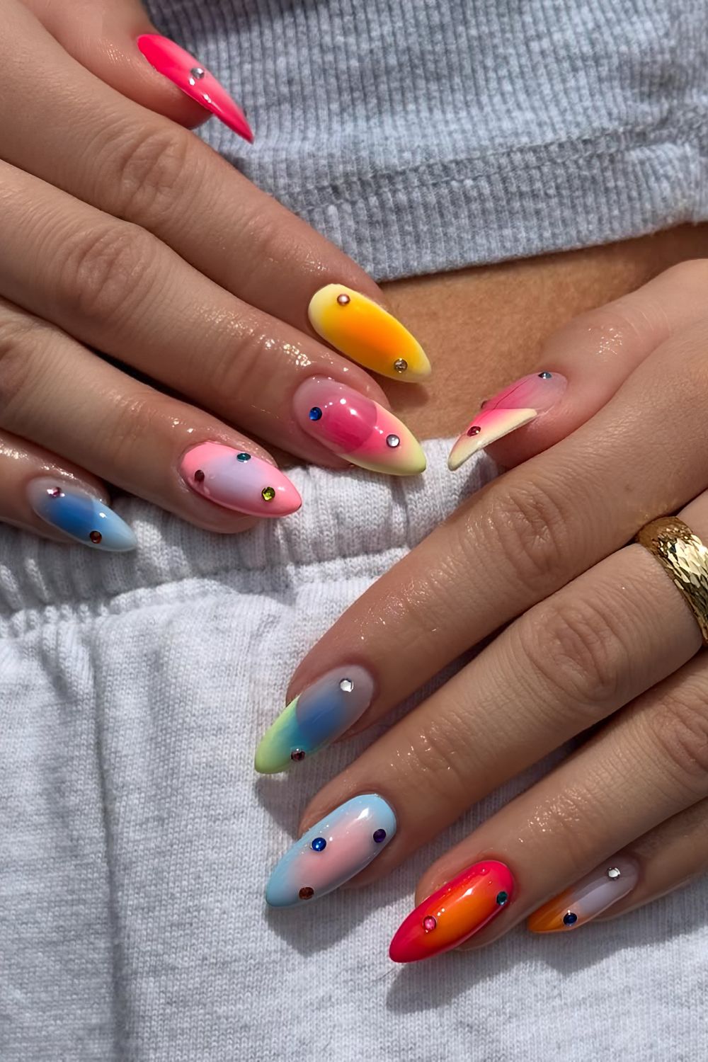 Colorful aura mani with rhinestones