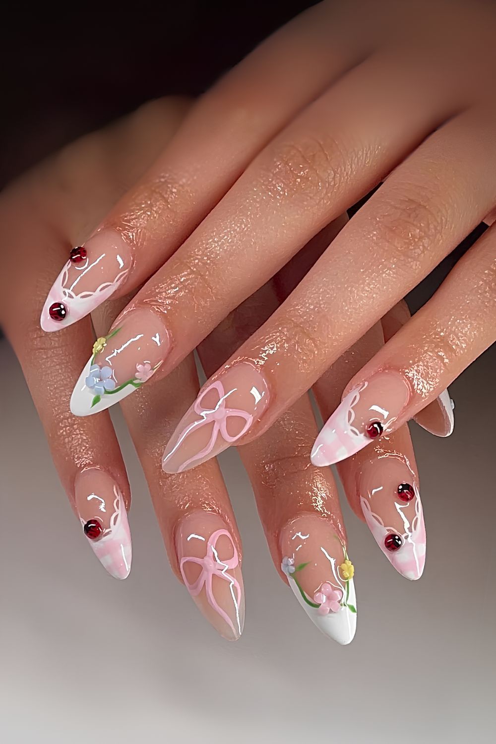 Coquette French tips with 3d ladybug accents