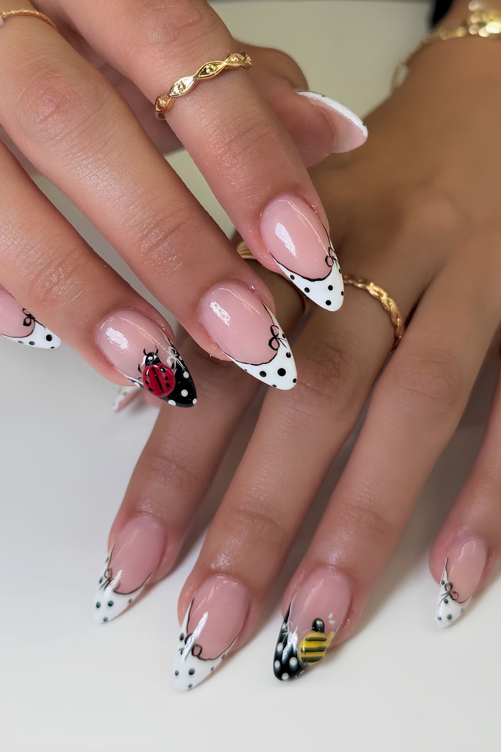 Coquette polka dot Frenchies with lady bug and bee accents