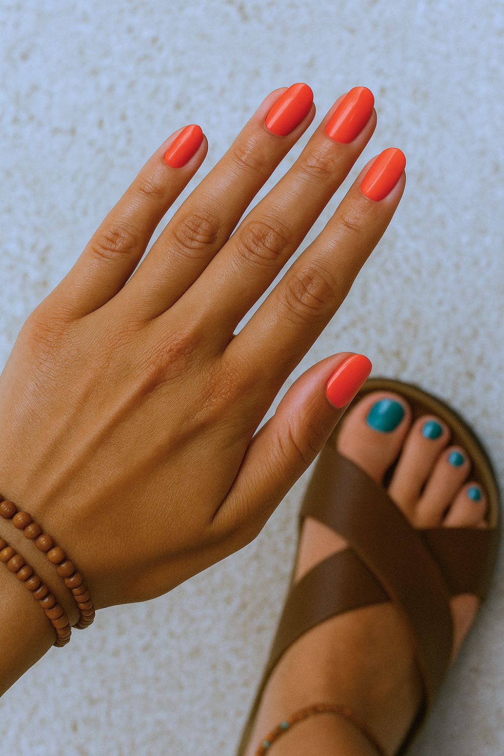 Coral manicure and teal pedicure