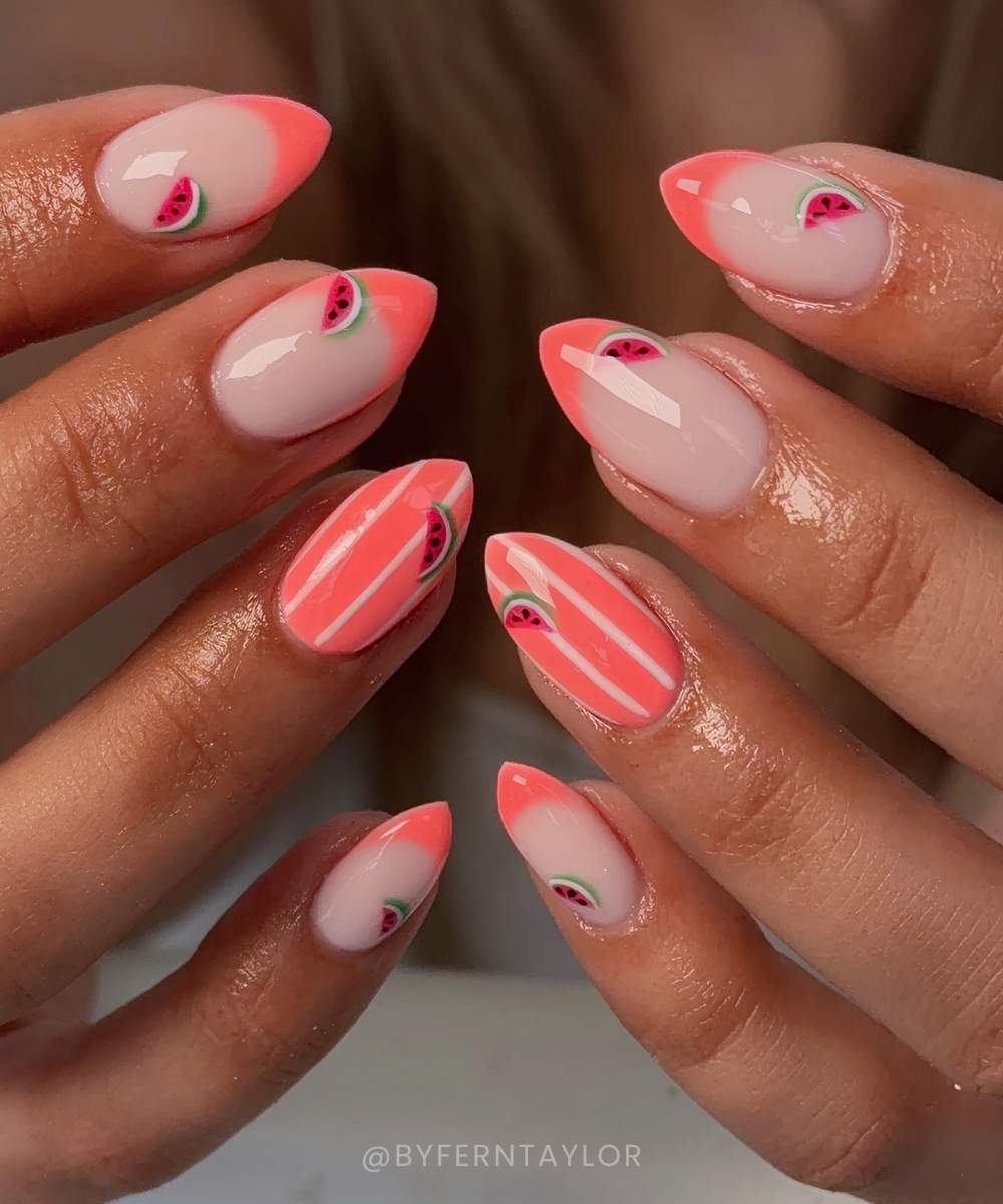 Coral nails with stripes and watermelons