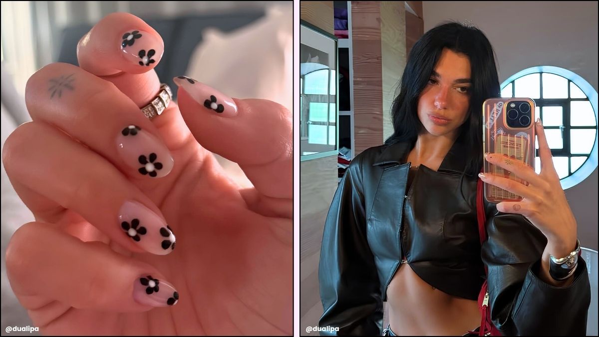 A collage of Dua Lipa's floral manicure