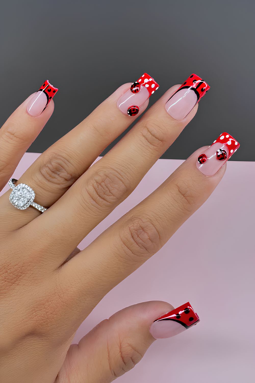 Ladybug French tip nails
