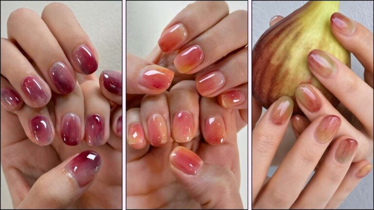A collage of fruit skin inspired nail designs