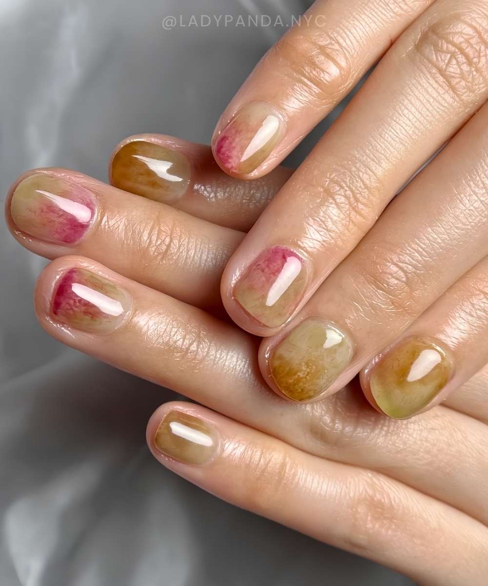 Green and pink fig inspired manicure