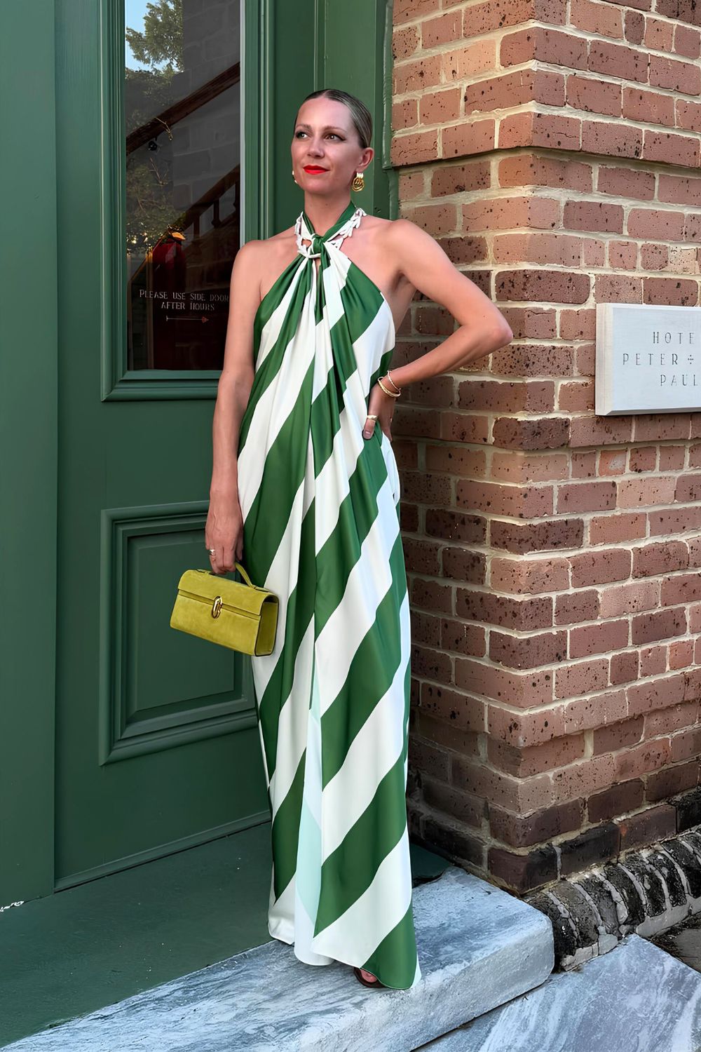 Green and white striped maxi dress