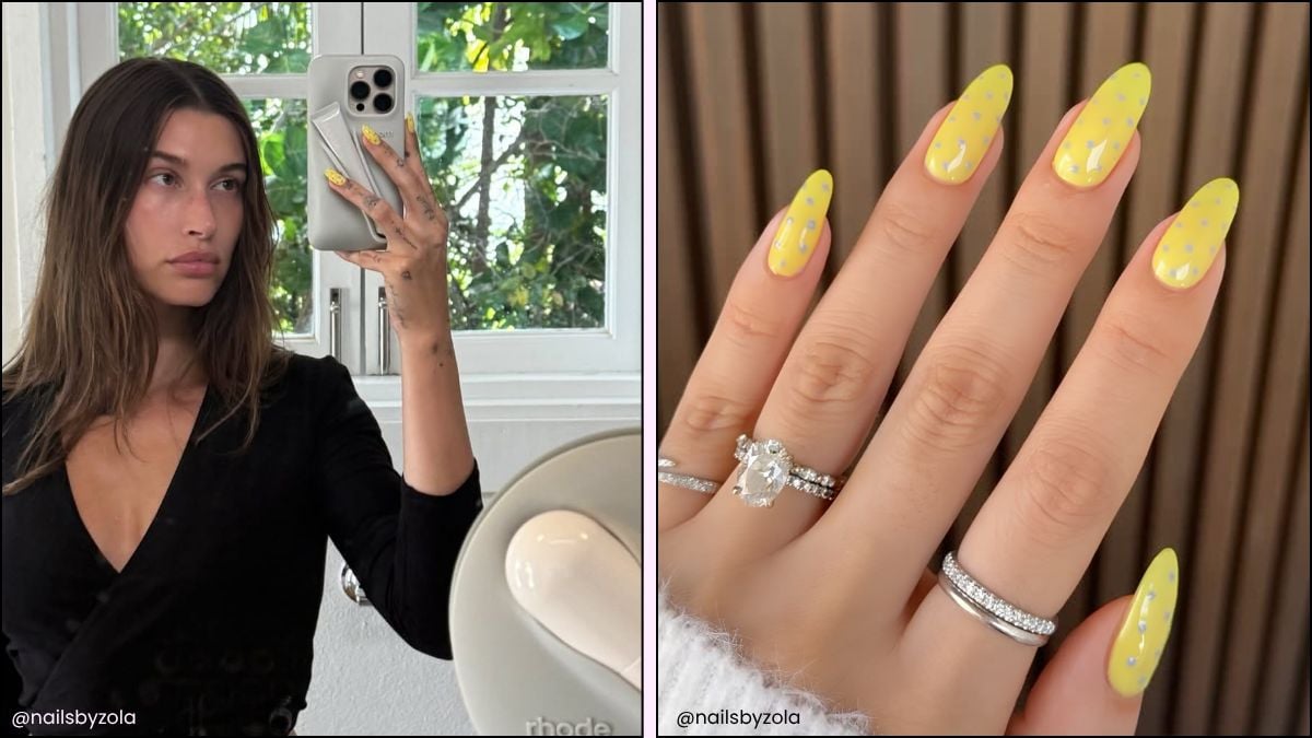 Hailey Bieber yellow polka dot nail design