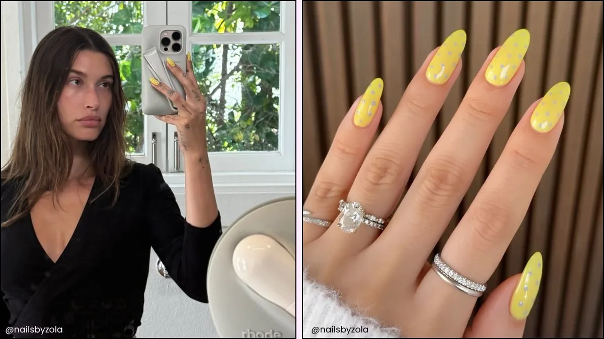 Hailey Bieber yellow polka dot nail design