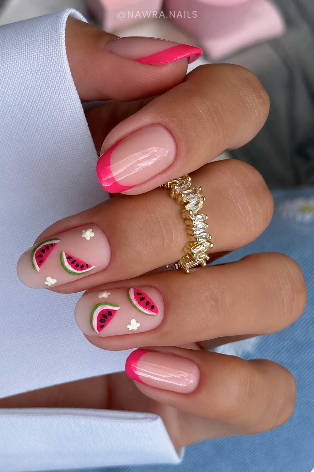 Hot pink French mani with watermelon art