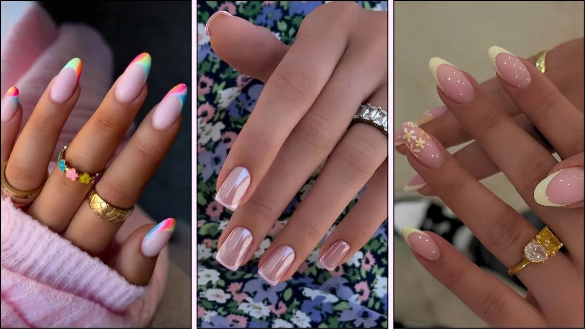 A collage of French tip nail deisngs for June