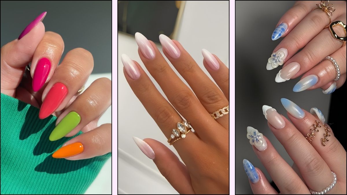 A collage of June almond nail designs