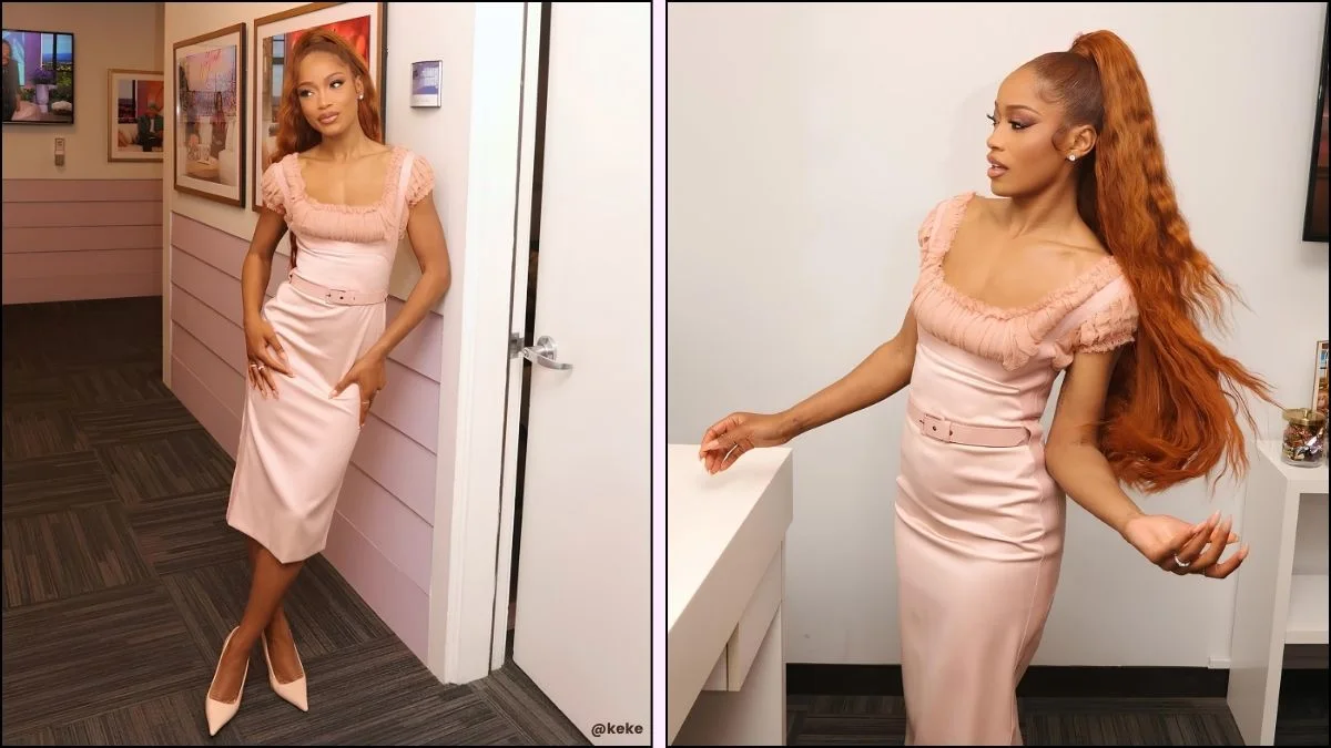 A collage of Keke Palmer's pink vintage dress