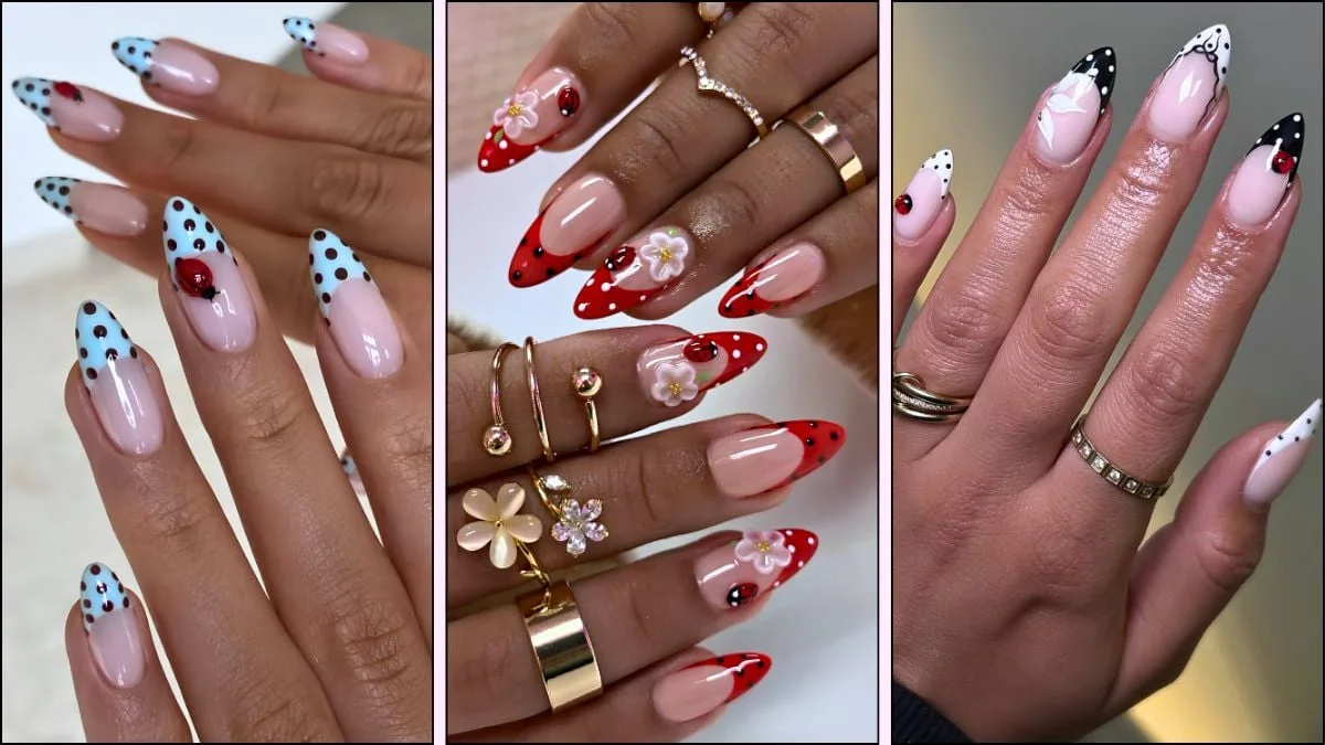 A collage of ladybug inspired nail designs