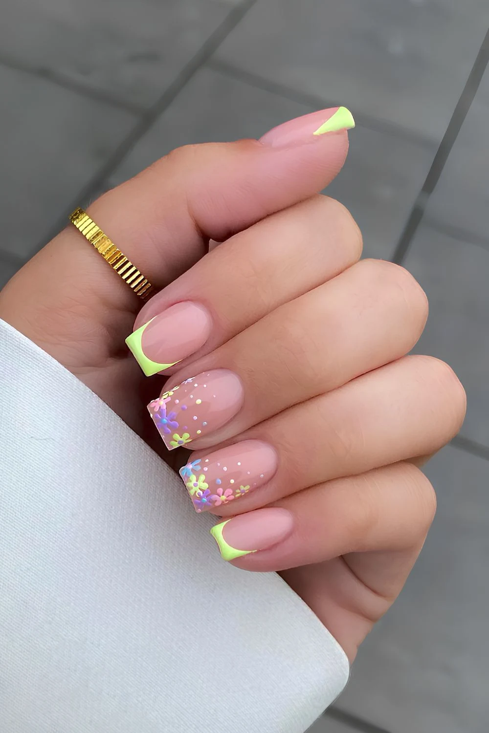 Light green French mani with flowers