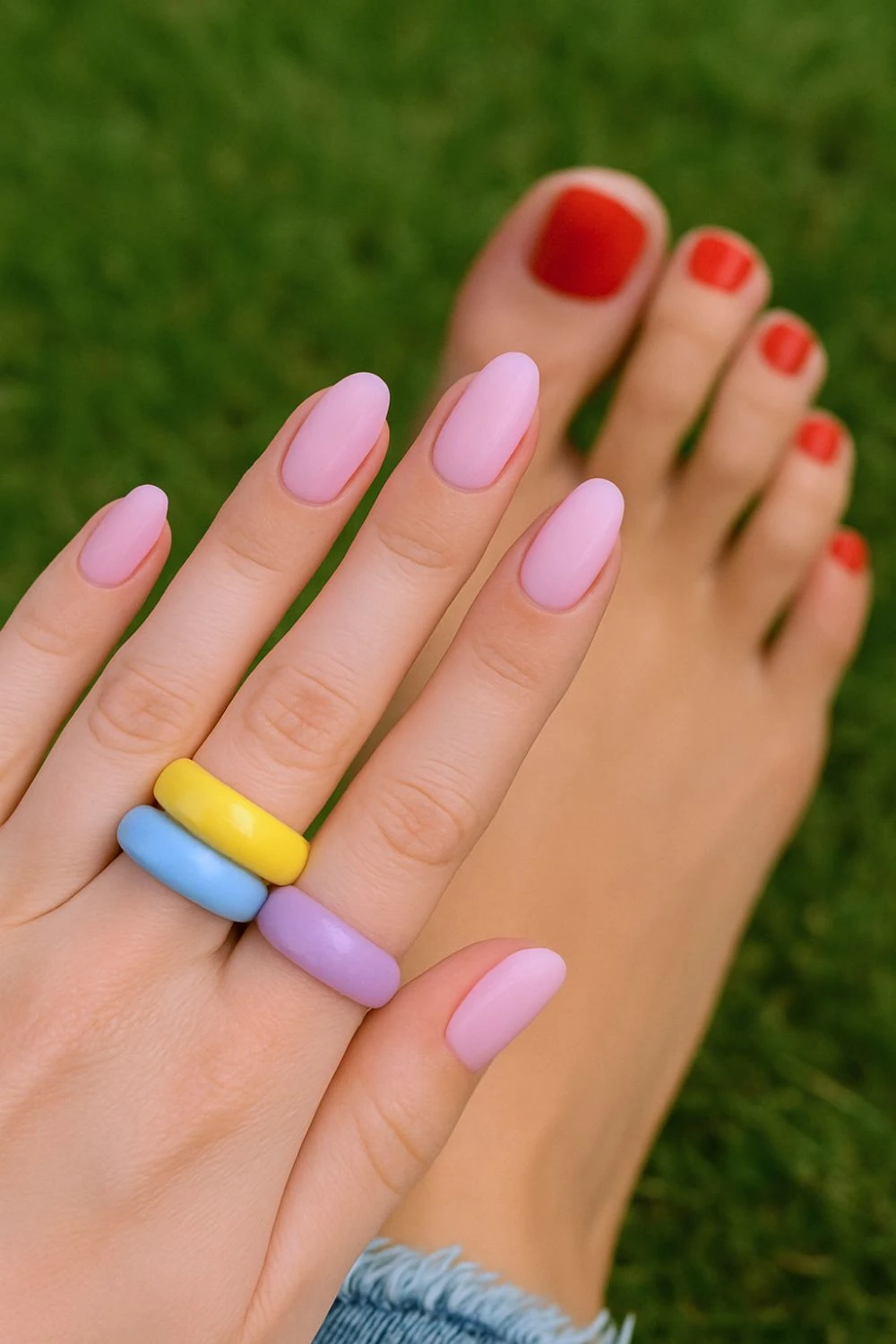 Light pink manicure and red pedicure