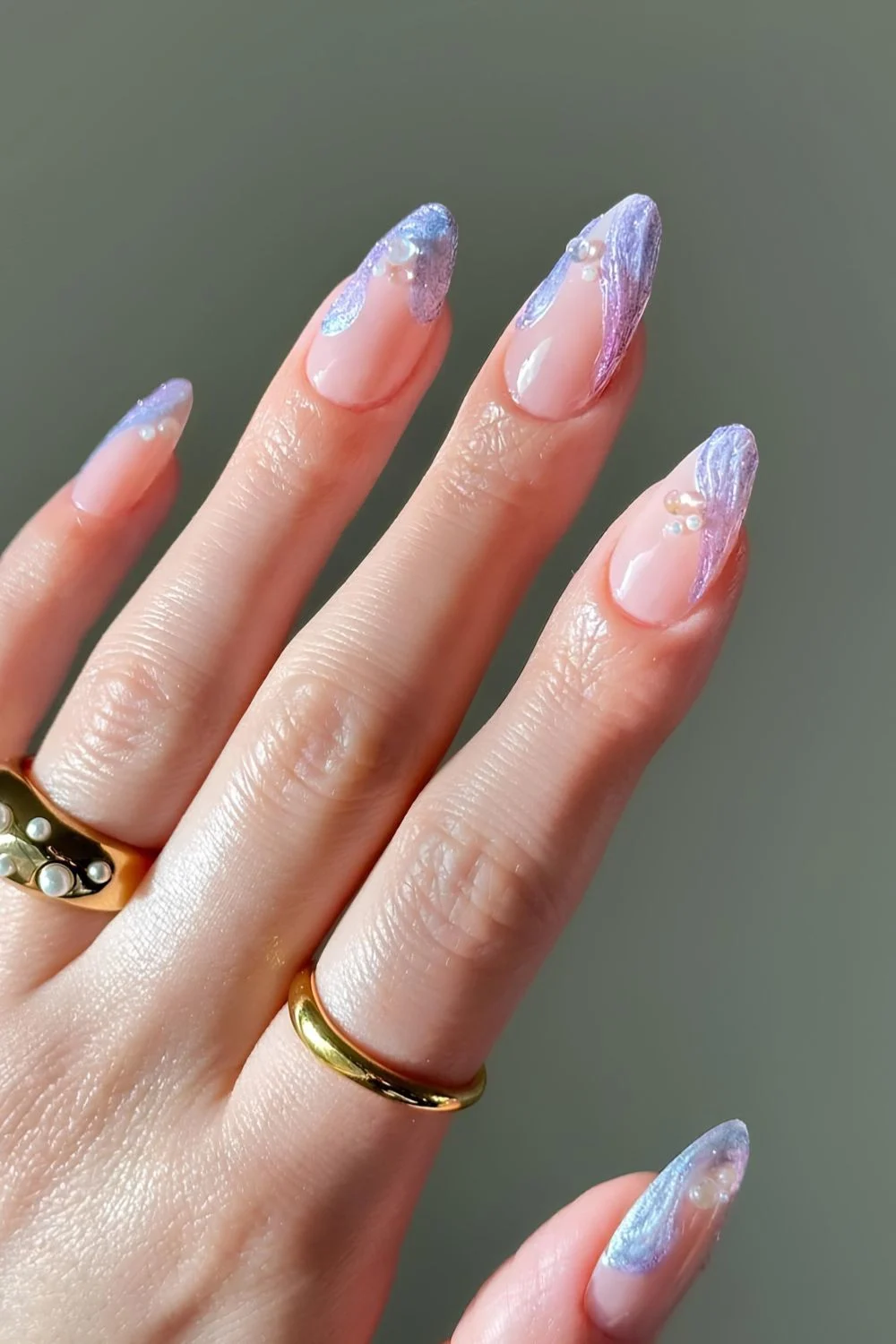 Light purple textured French mani with pearls