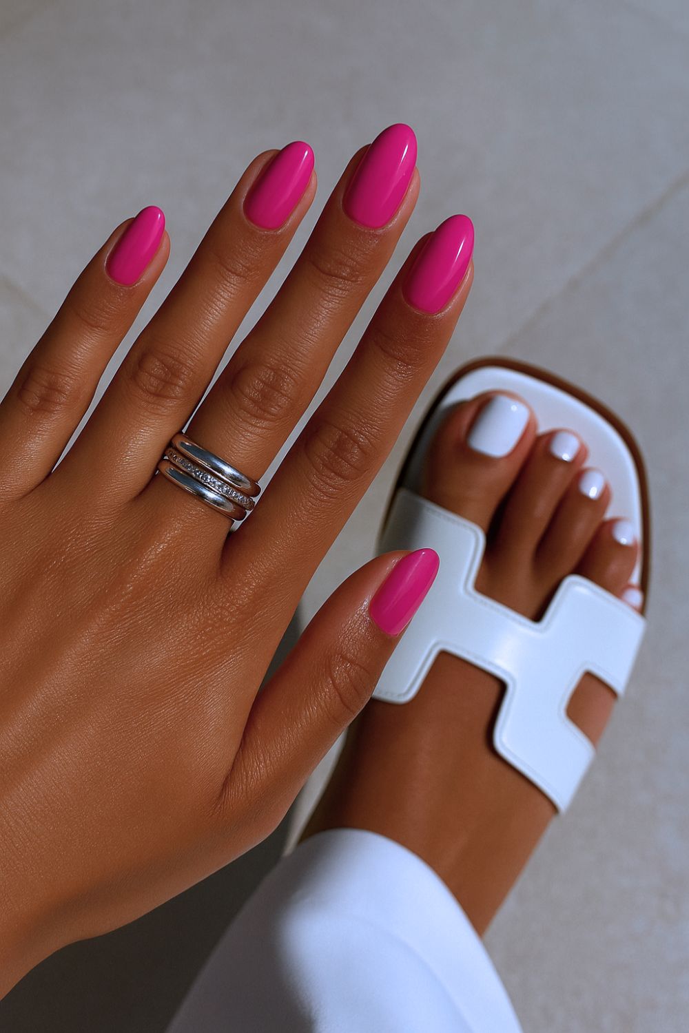 Magenta manicure and white pedicure