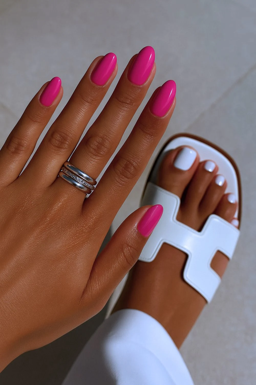 Magenta manicure and white pedicure
