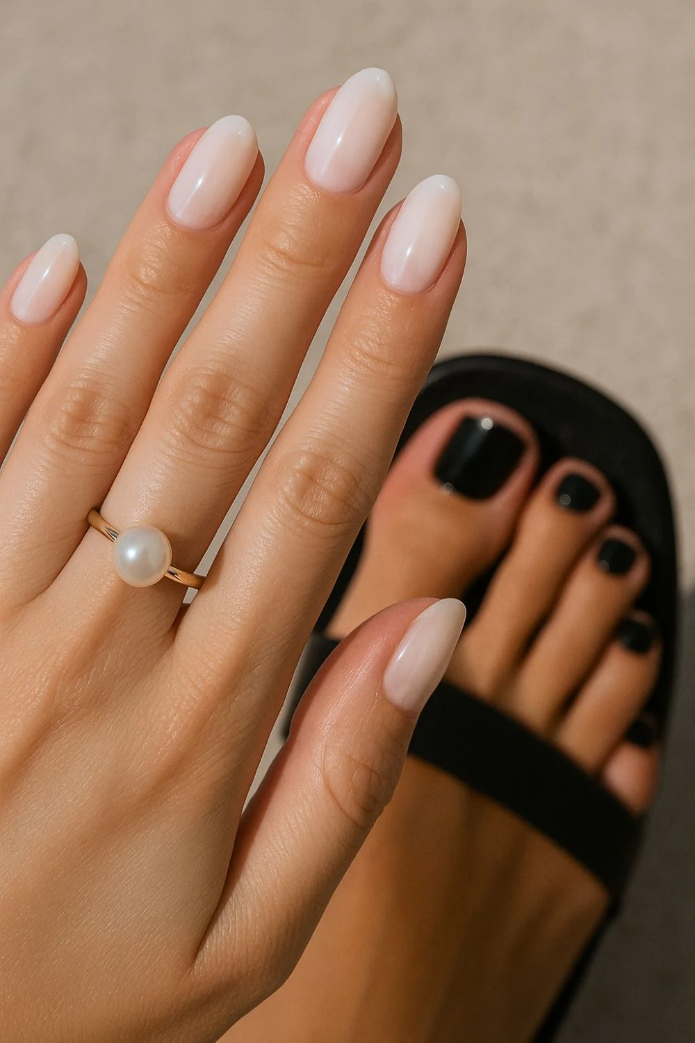 Milky white manicure and pink pedicure