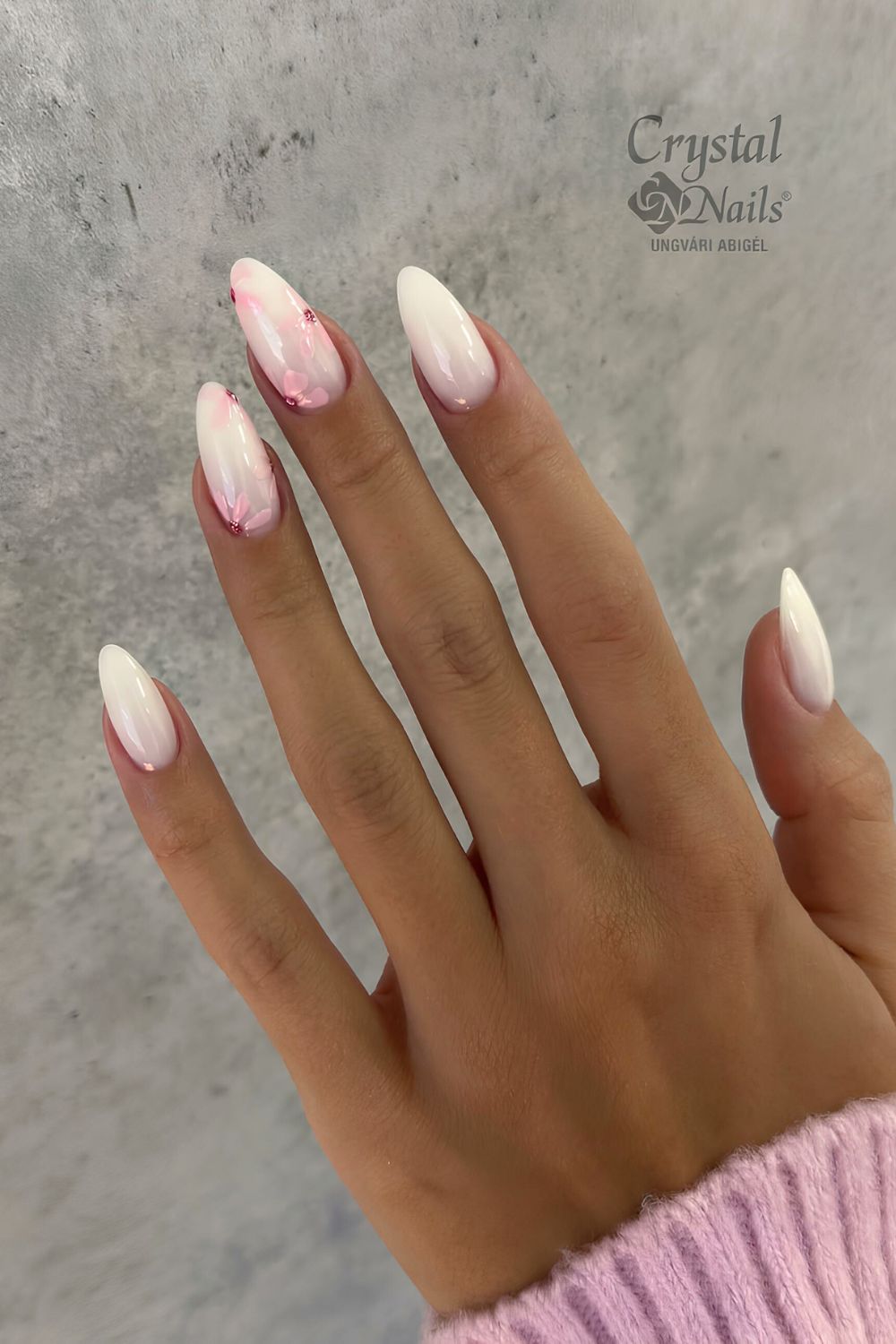 Milky white nails with soft pink florals