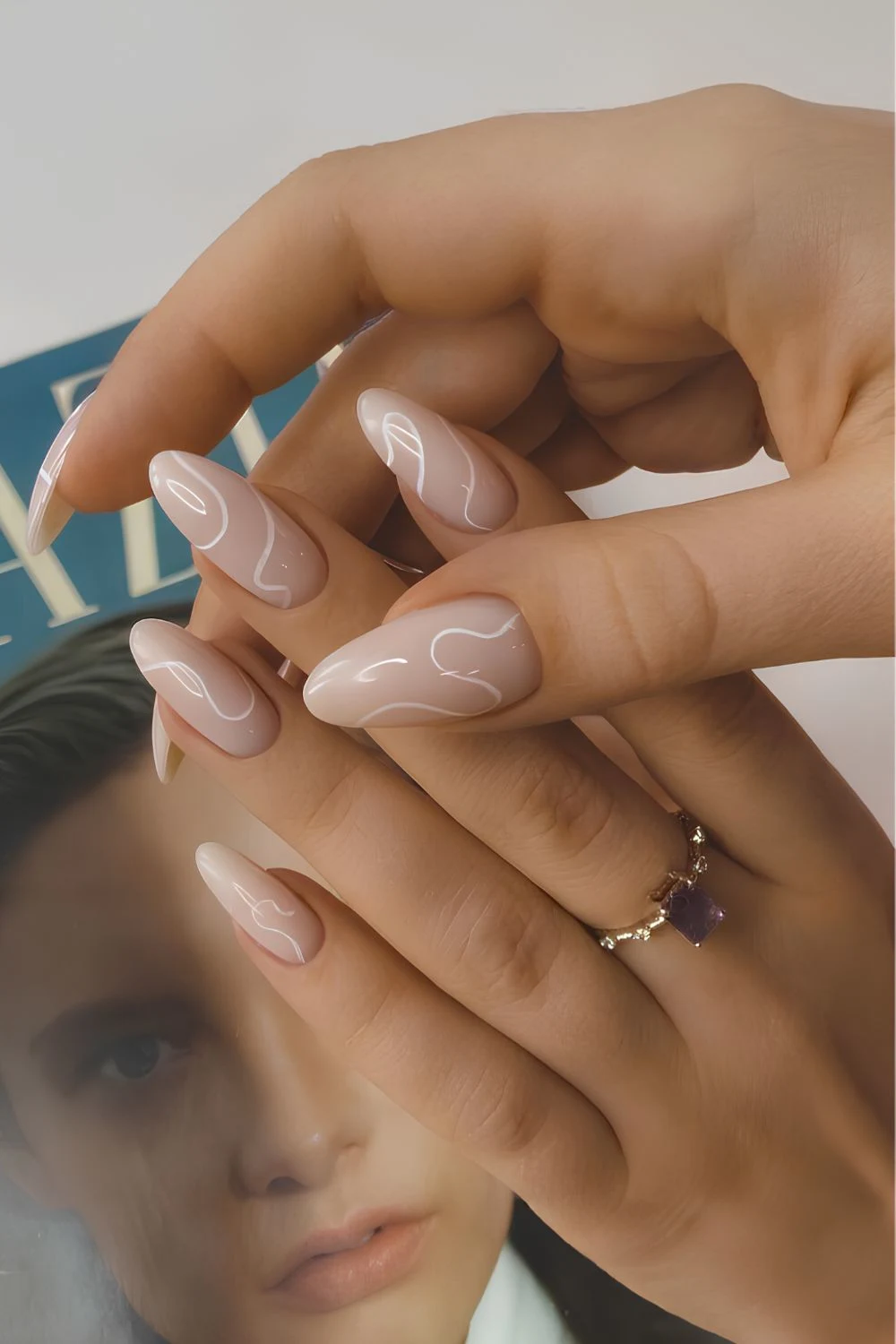 Milky white nails withe line art