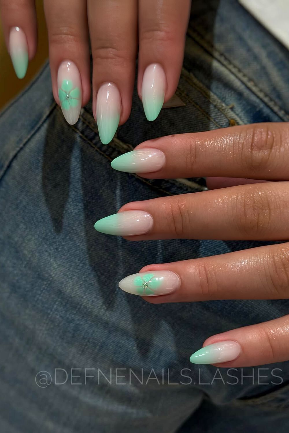 Mint green ombre mani with blooming floral accents
