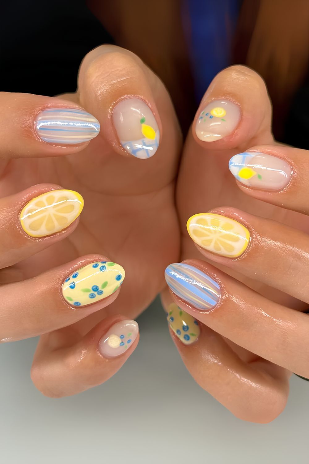 Mix and match blue and yellow citrus nails