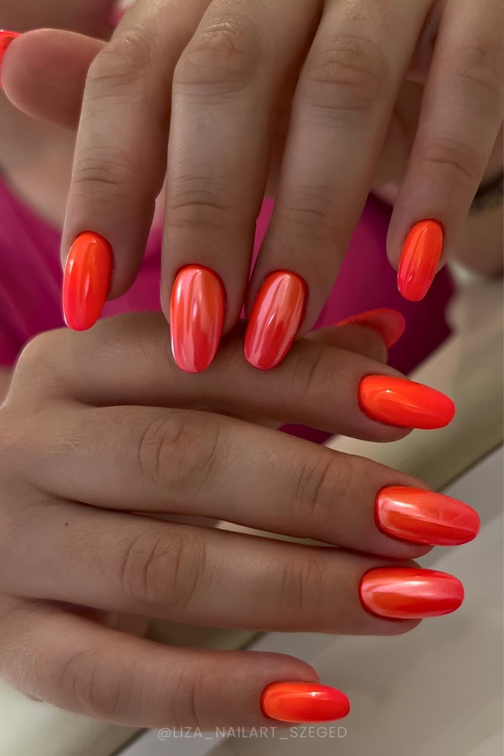 Neon coral chrome nails