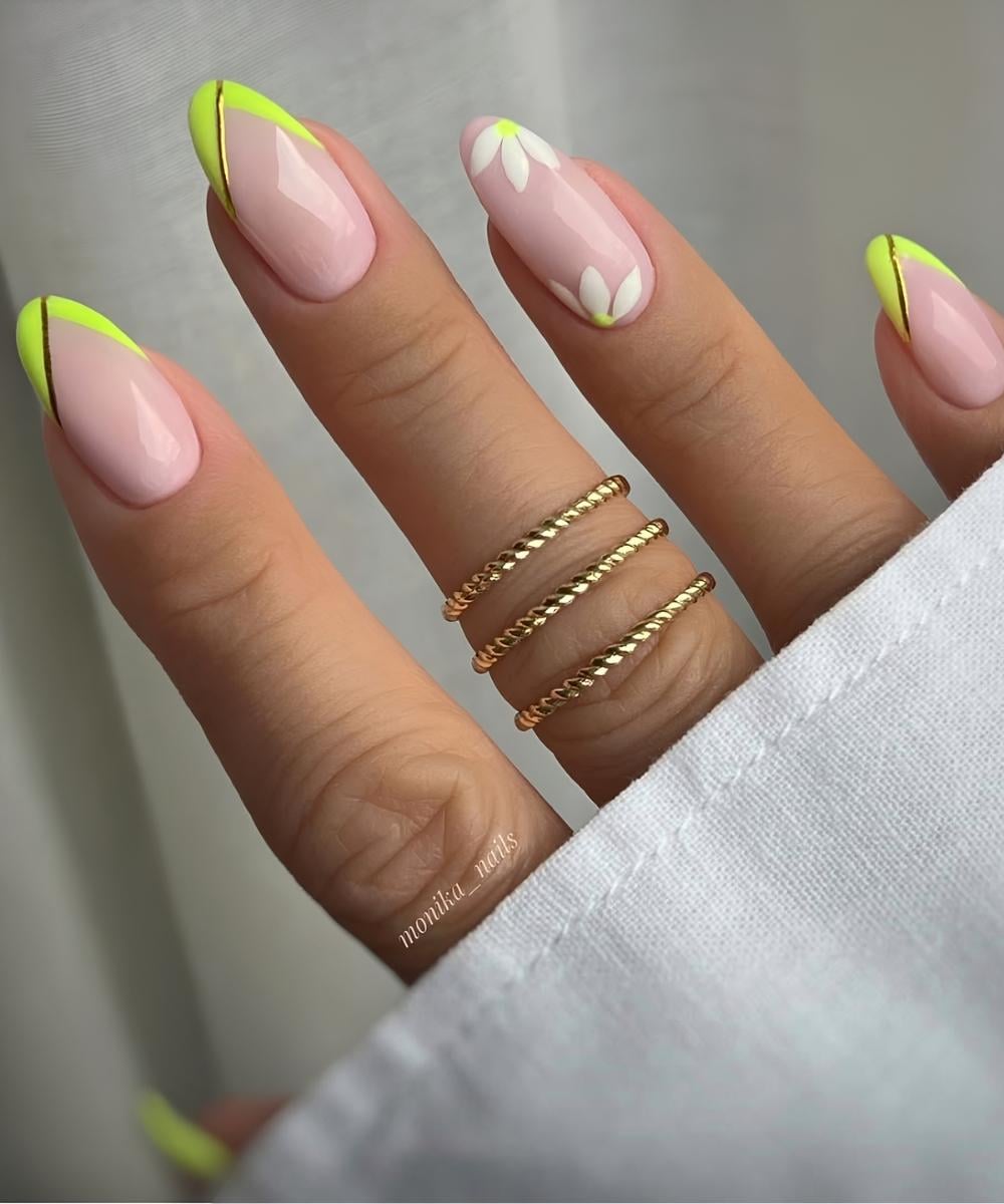 Neon green French mani with flowers and gold lines