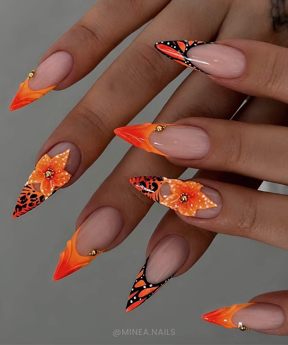 Neon orange mani with animal print and flowers