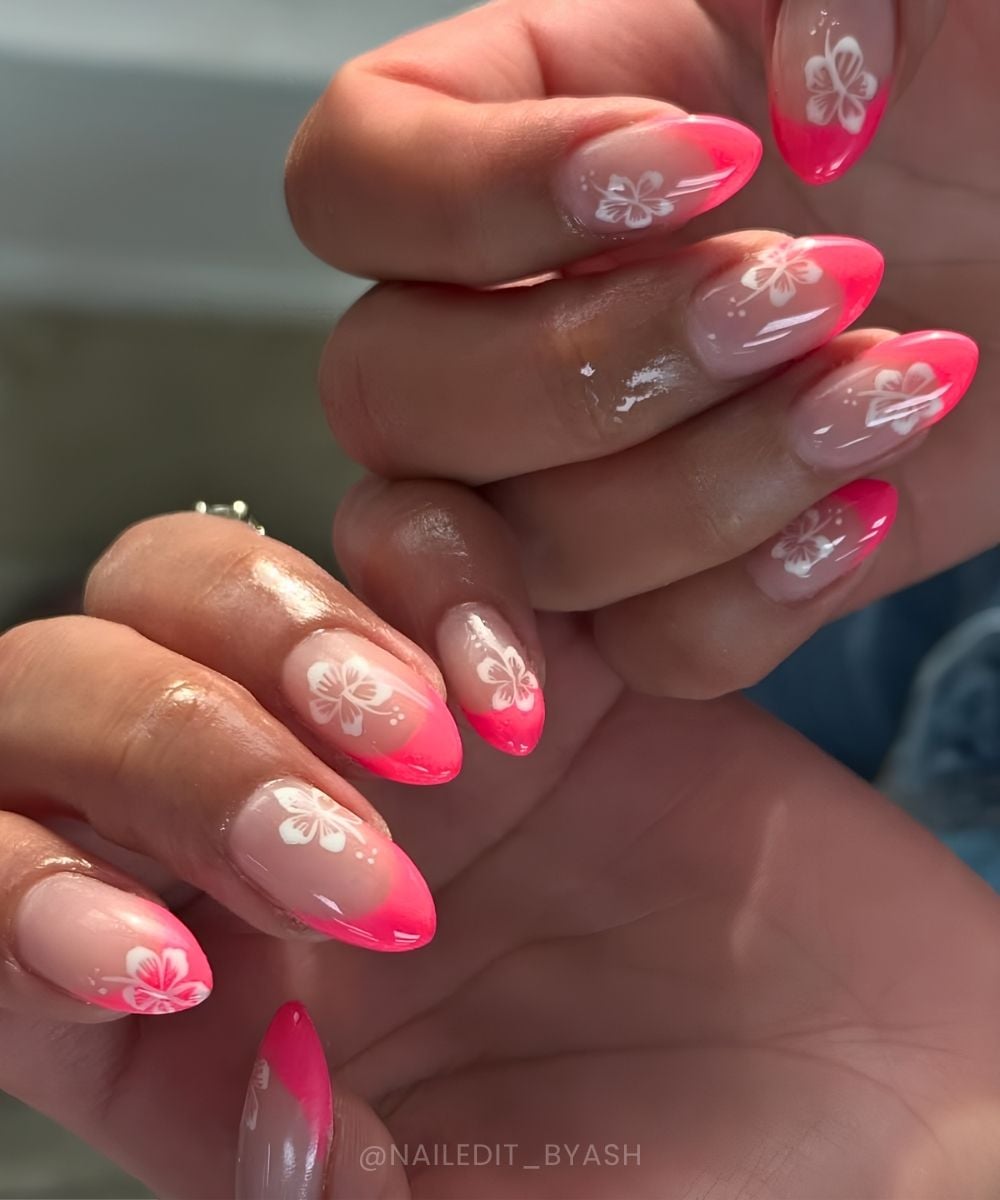 Neon pink French mani with hibiscus art