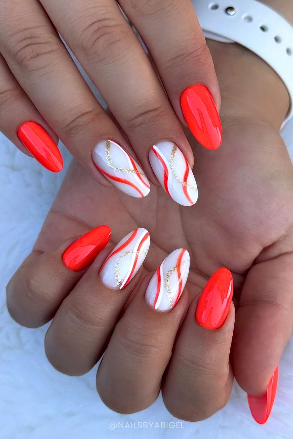 Neon red and white nails with line art