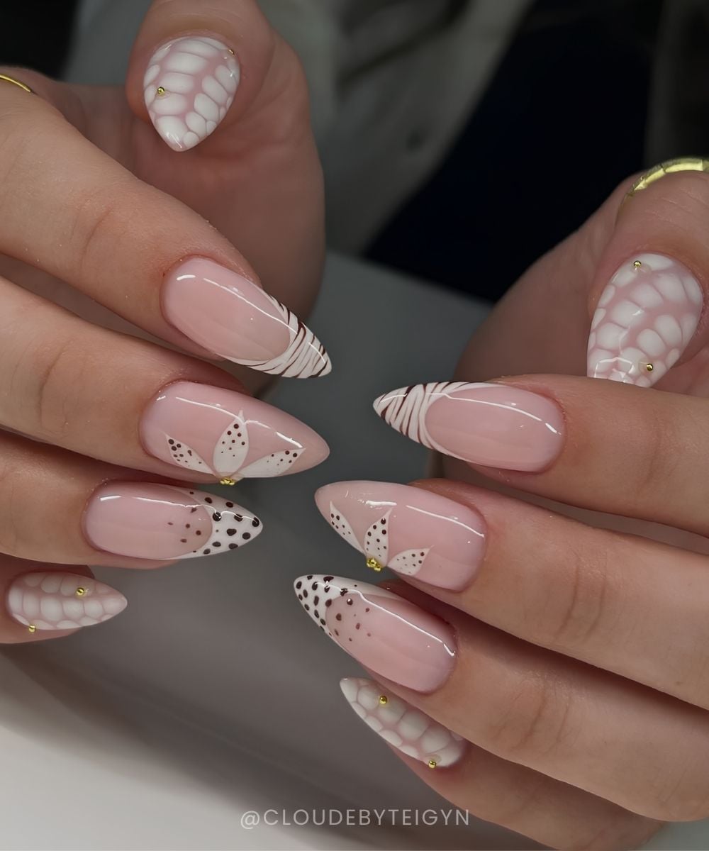 Neutral summer nails with flowers and animal print