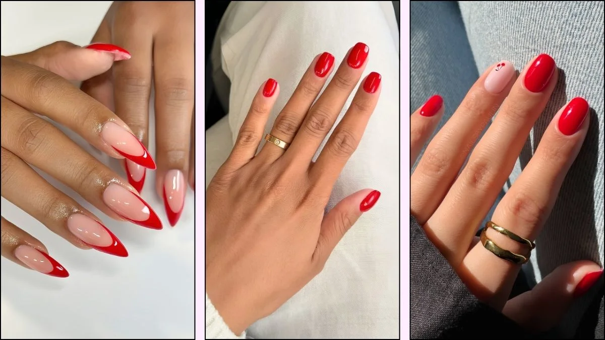 A collage of Opi's BIg Apple Red nail polish designs
