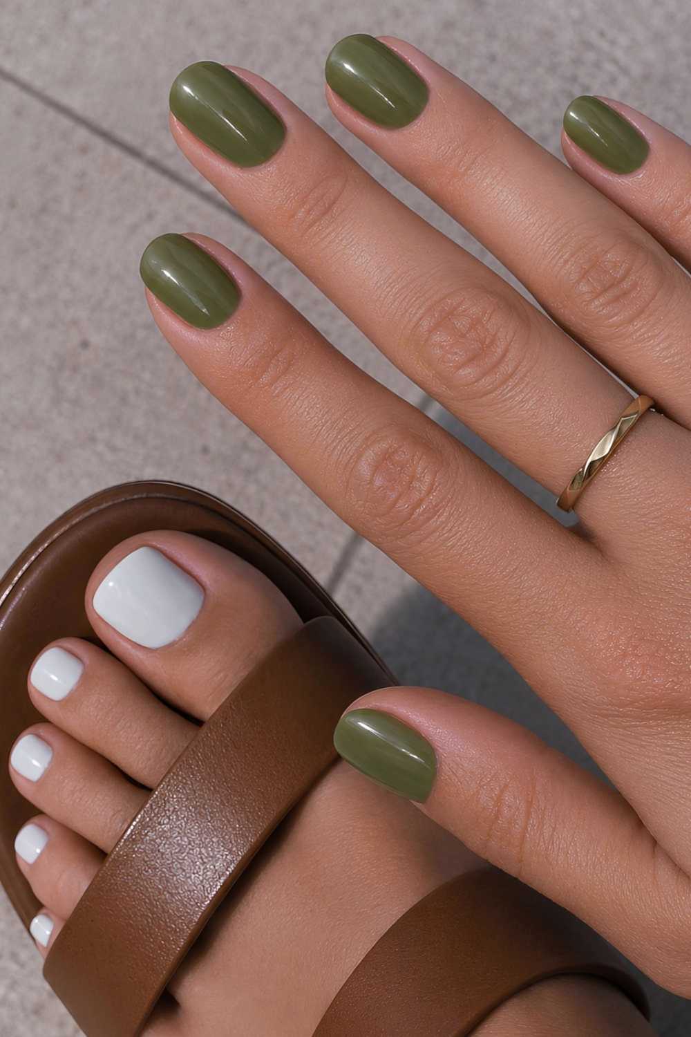 Olive green manicure and crisp white pedicure
