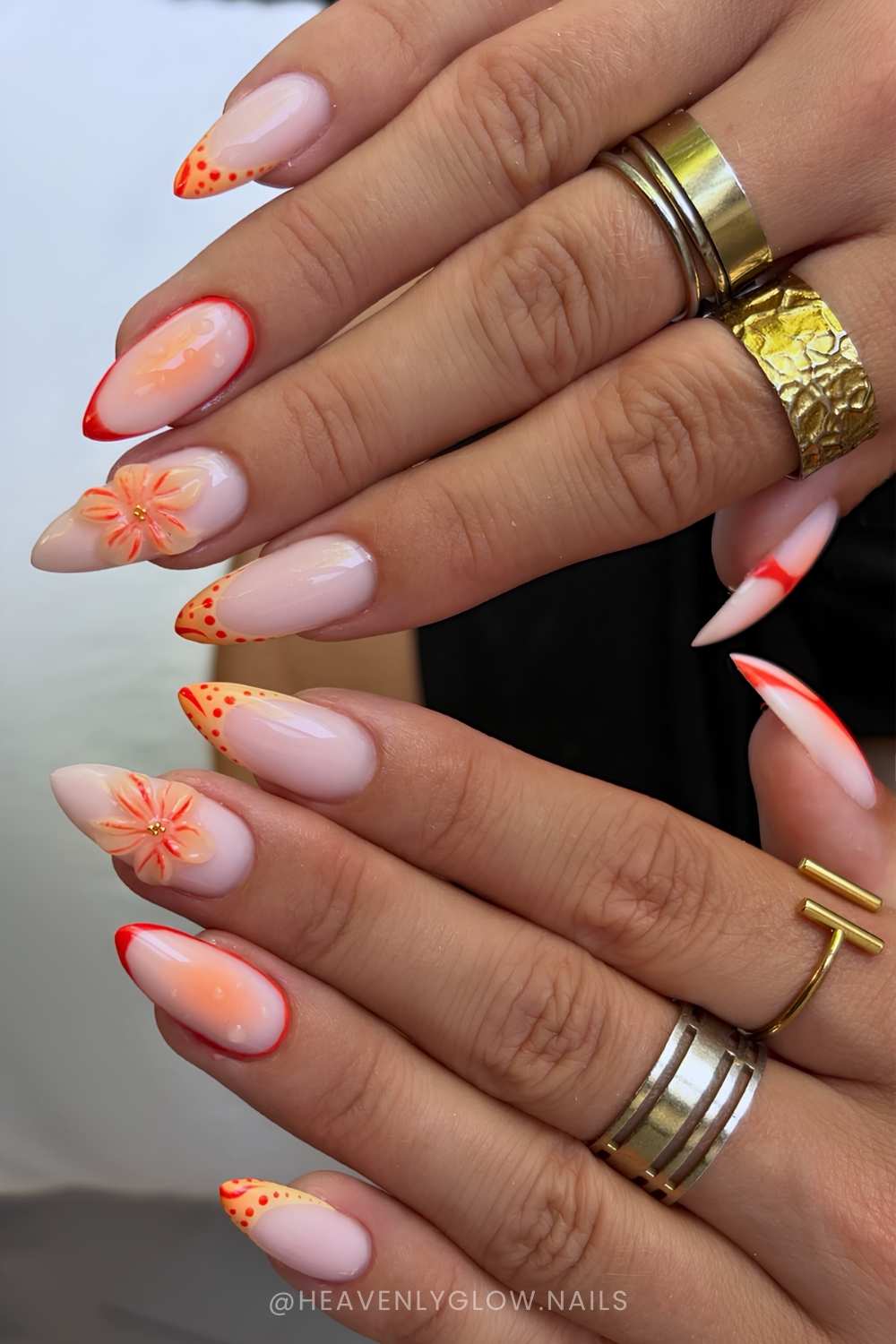 Orange French mani with textured flowers