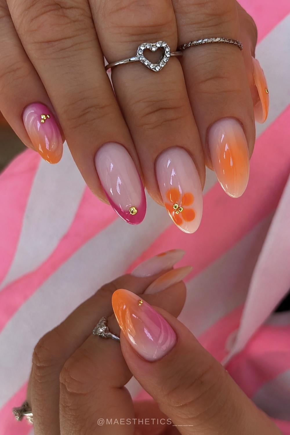 Orange and pink mani with blooming gel flowers