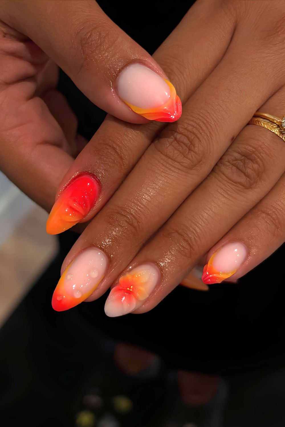 Orange and yellow textured tips with floral 3d accent