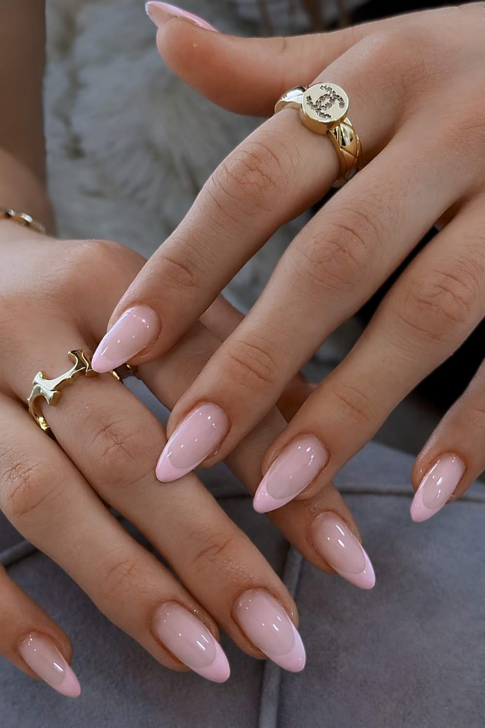 Pale pink French mani on milky base