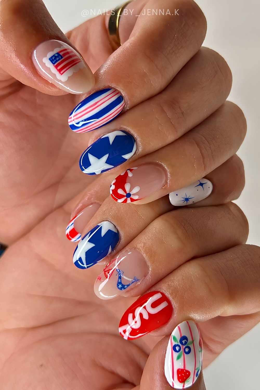 Patriotic blue and red nails with USA lettering