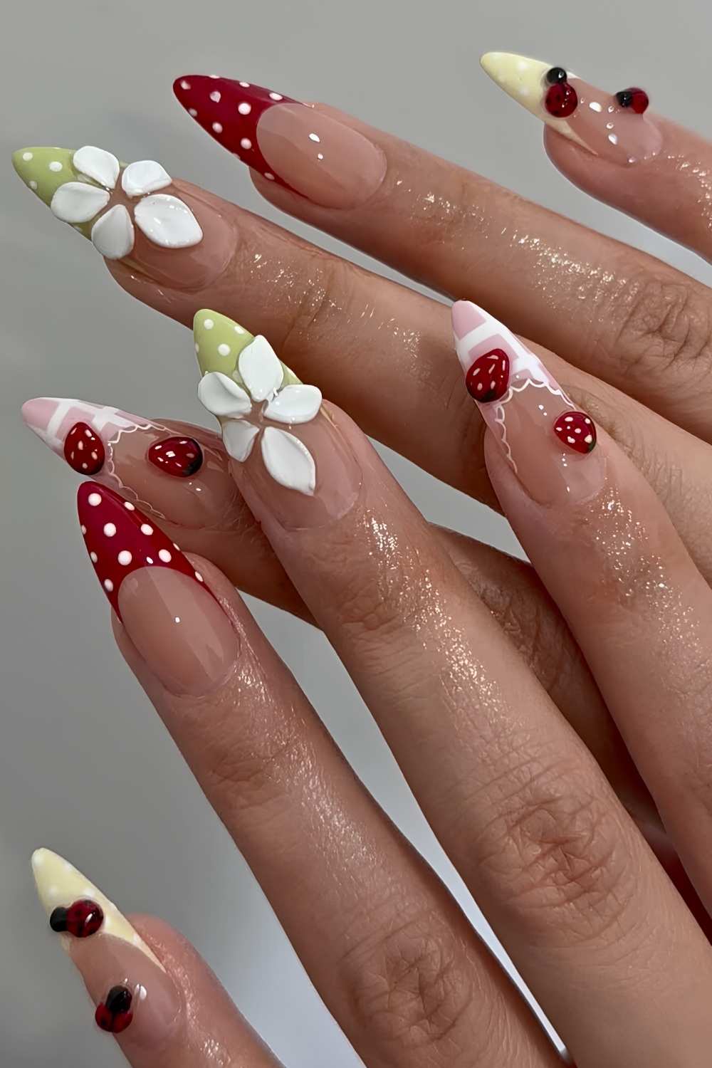 Picnic inspired nails with ladybugs and gingham