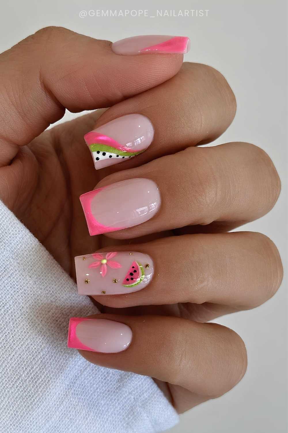Pink French mani with flowers and watermelons