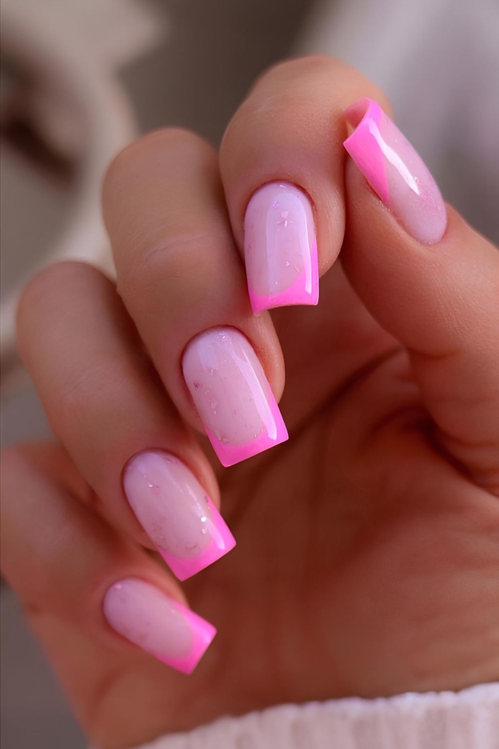 Pink French mani with pink base and foil accents