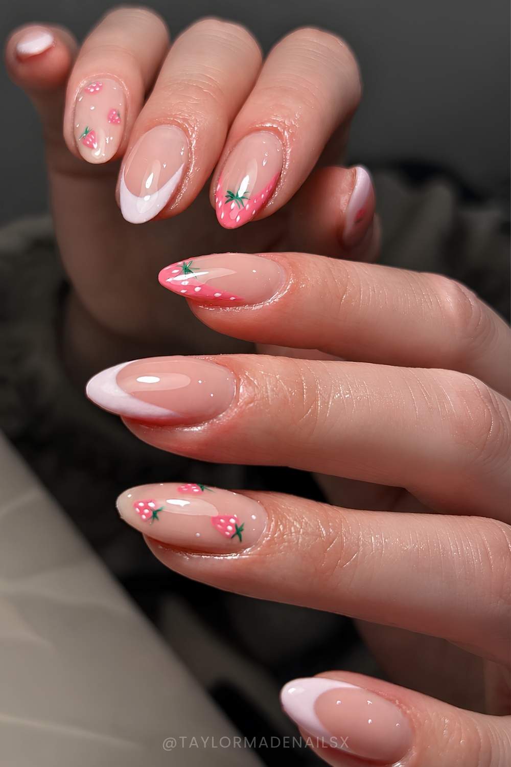 Pink French mani with strawberry accents