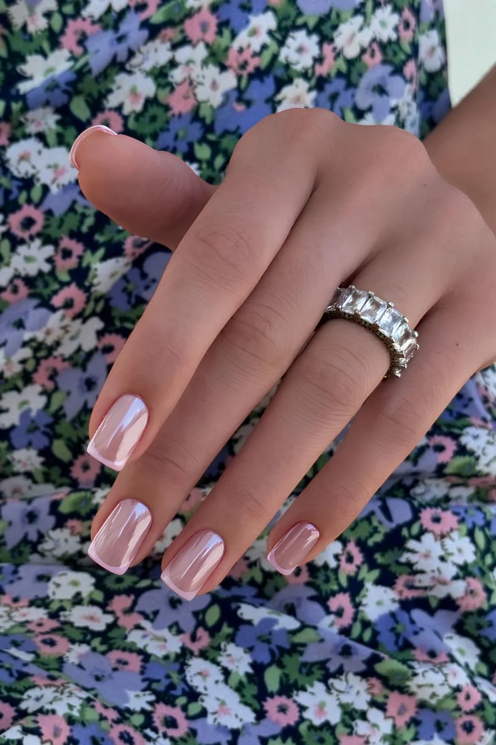 Pink French manicure with chrome finish