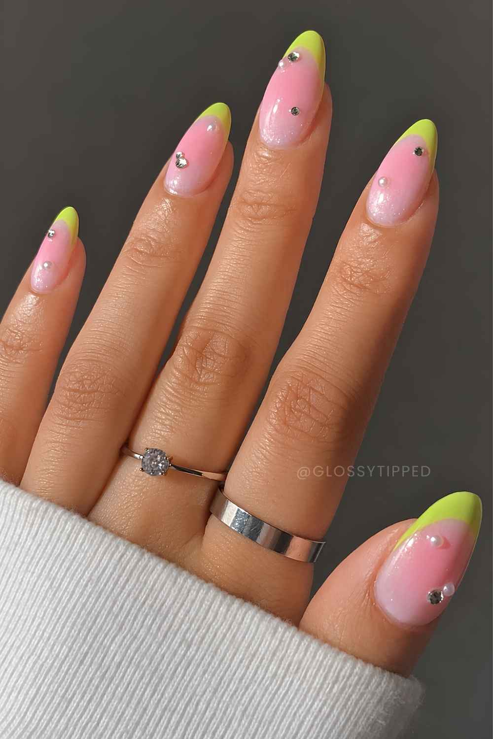 Pink and green watermelon French nails with gems