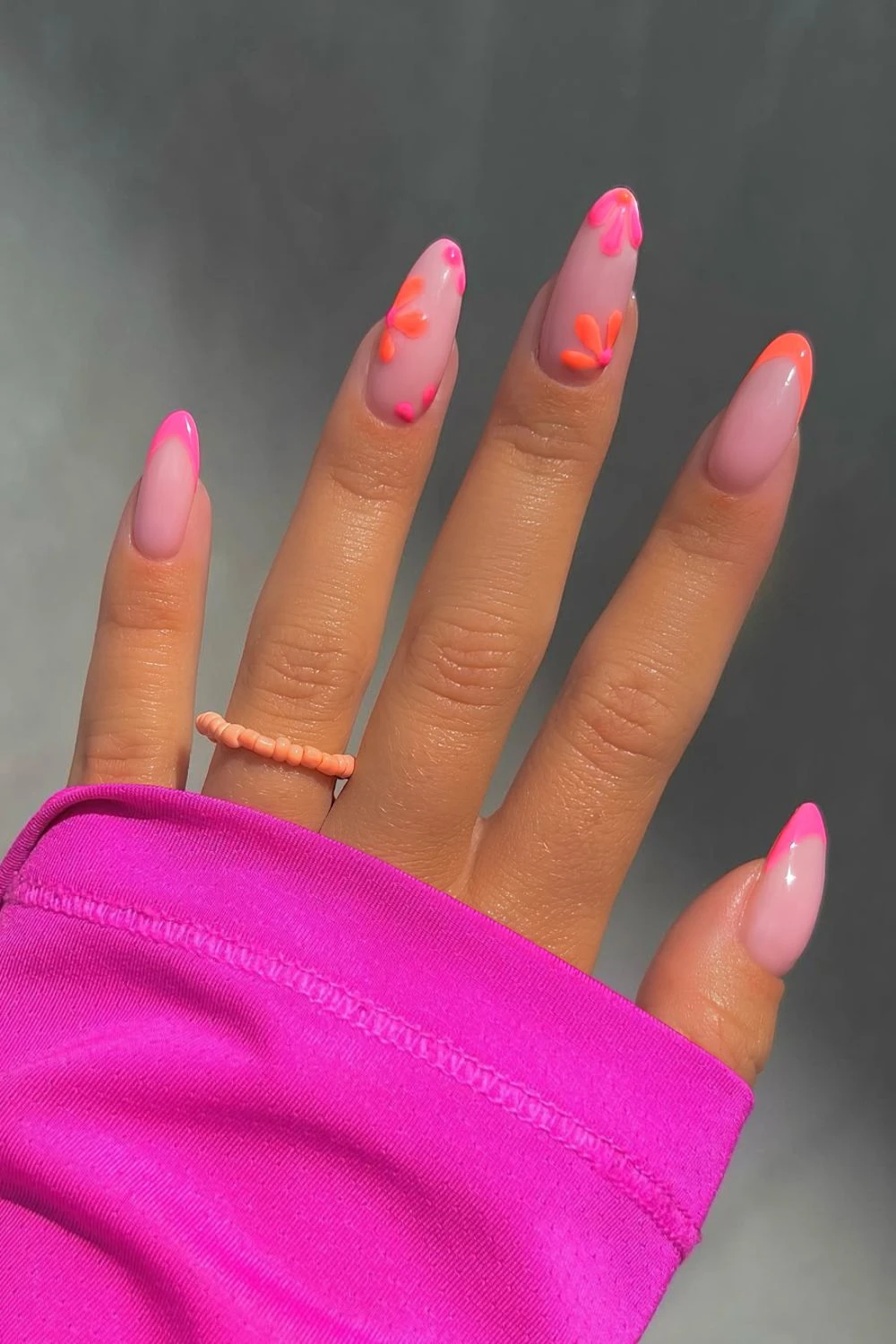 Pink and orange French with floral accents